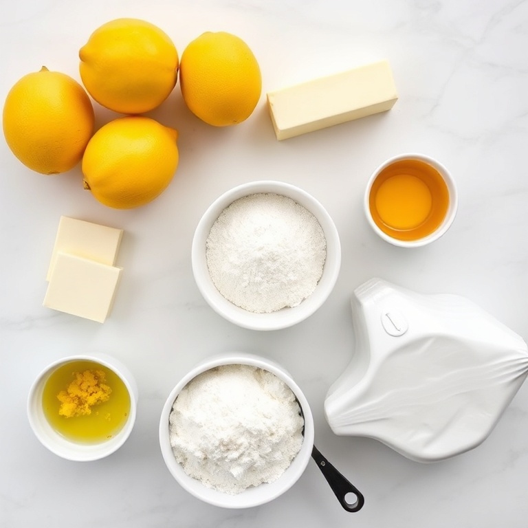 Overhead flat lay of raw ingredients for lemon curd cookies including lemons, butter, sugar, flour, and eggs with measuring tools on a white marble surface