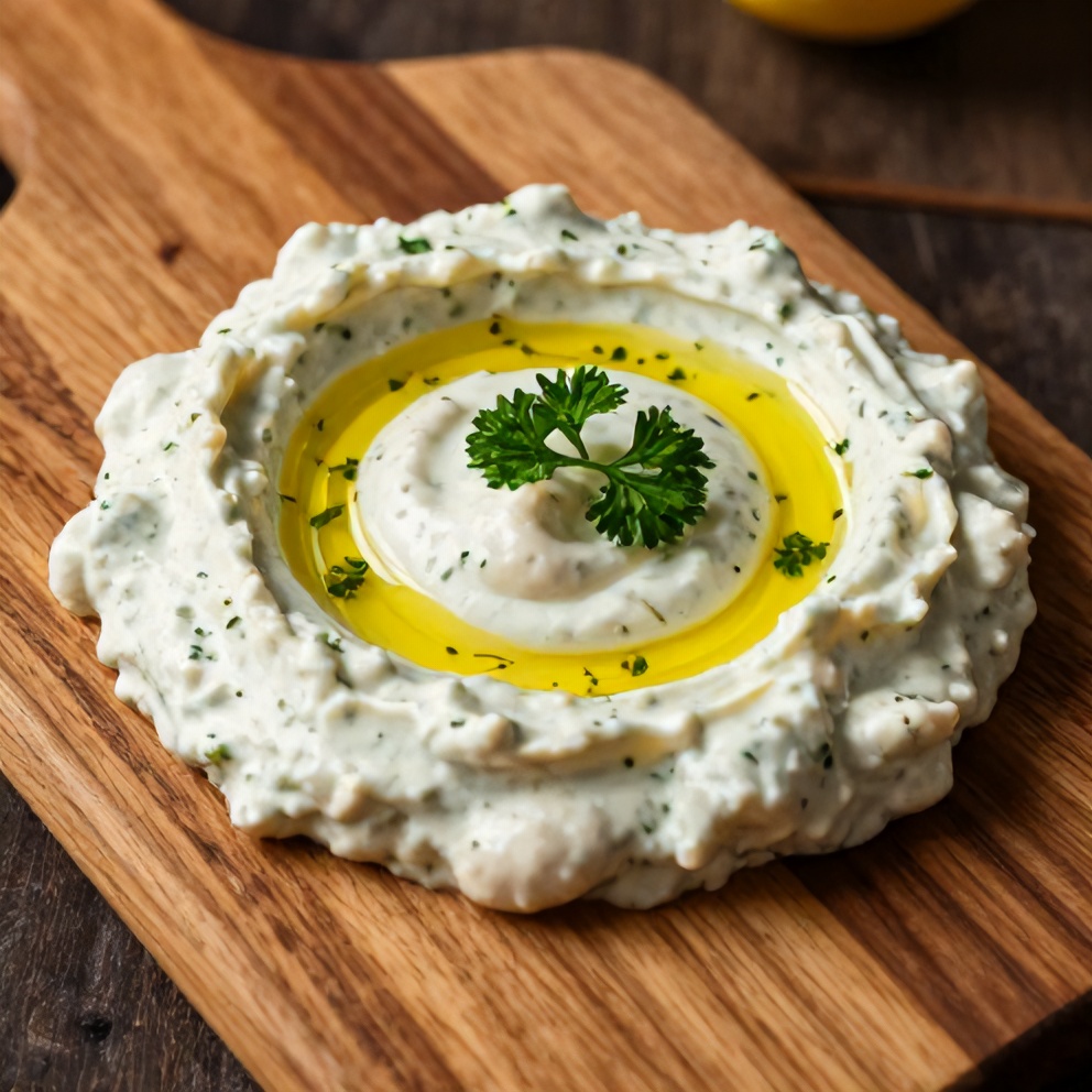 One perfect serving of Lemon Herb White Bean Dip on a rustic wooden board, garnished with fresh parsley and a drizzle of olive oil. Warm side lighting highlighting texture.