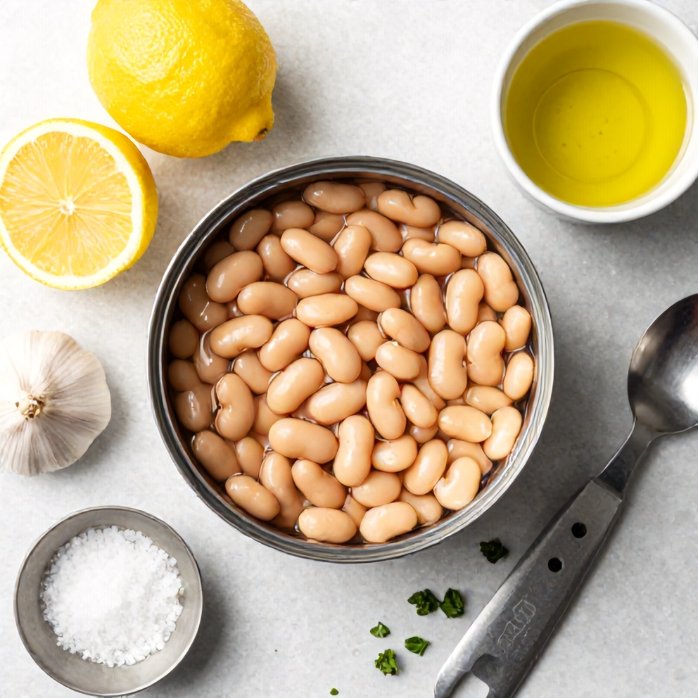 Overhead flat lay of canned white beans, lemon, garlic, olive oil, salt, and fresh herbs. Prep bowls and measuring spoons visible. Bright even light.