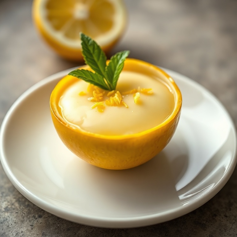 Single serving of lemon posset in lemon shell garnished with lemon zest