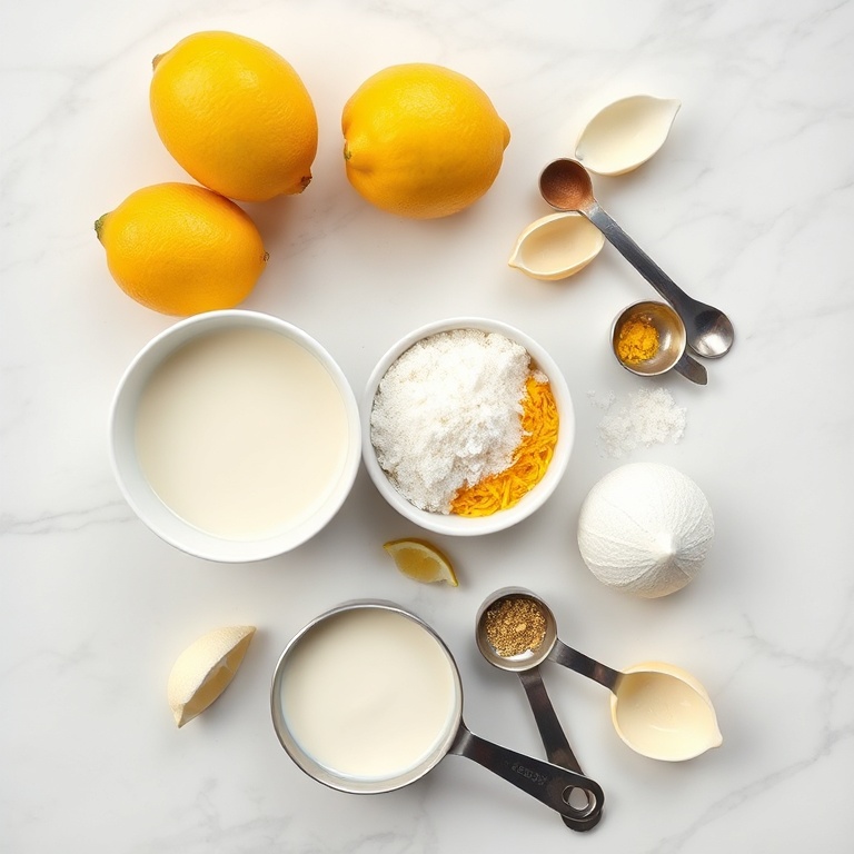 Overhead view of cream, sugar, lemon, zest, and lemon shells with measuring spoons and bowls