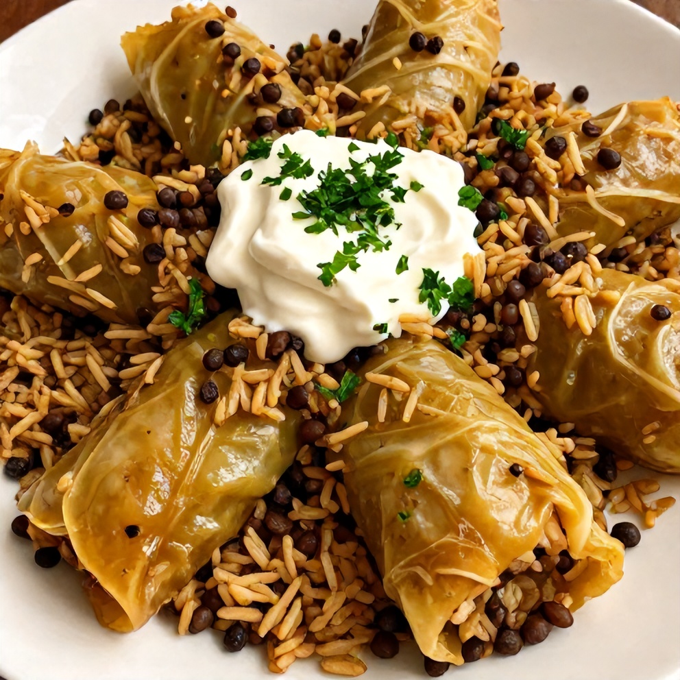 Lentil and Rice Stuffed Cabbage Rolls served on a plate