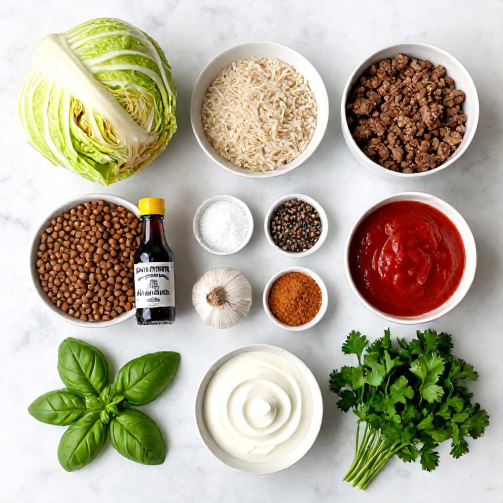 Ingredients for Lentil and Rice Stuffed Cabbage Rolls laid out