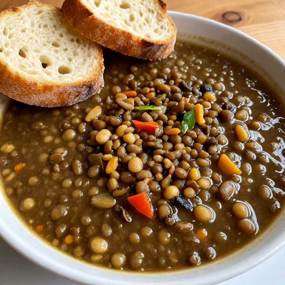 Bowl of Lentil Vegetable Soup with crusty bread