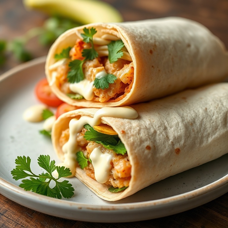 Plated low-carb sub wrap with garlic aioli drizzle and fresh parsley