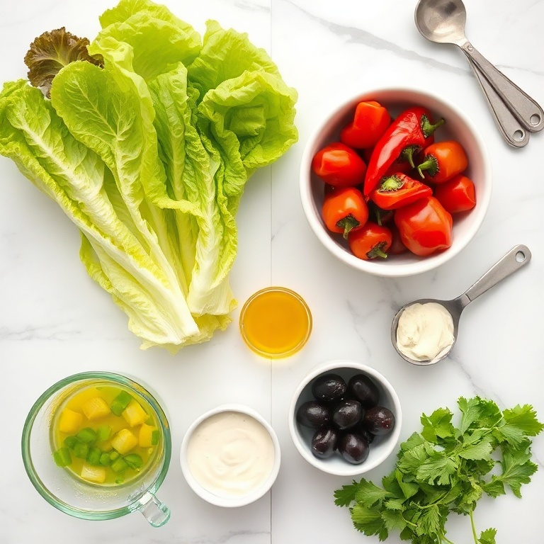 Fresh lettuce, roasted peppers, olives, provolone cheese, and Italian dressing arranged in an overhead flat lay