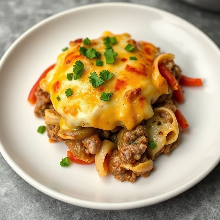 One plated serving of low carb philly cheesesteak casserole garnished with parsley on a white plate
