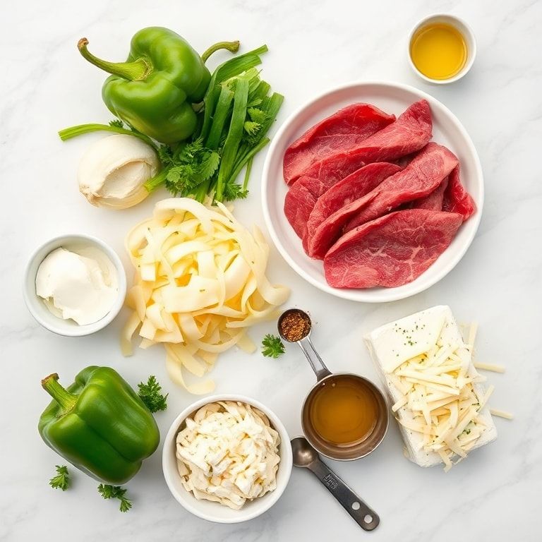 Overhead flat lay of easy low carb philly cheesesteak casserole raw ingredients including sliced steak, bell peppers, onions, provolone cheese, and cream cheese