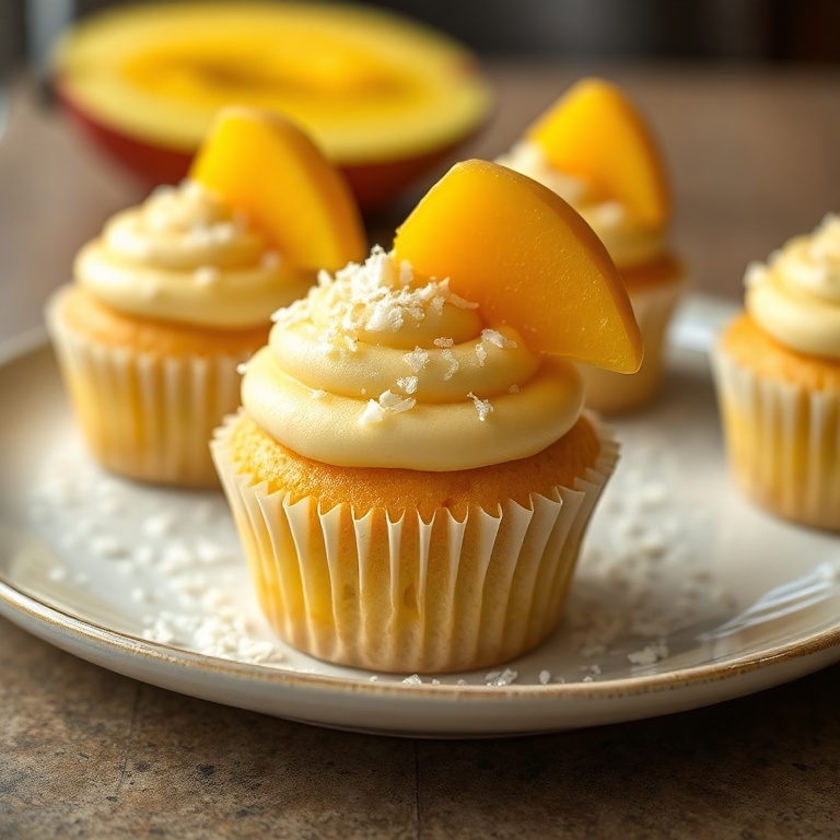 Perfectly plated mango coconut cupcakes with a coconut sprinkle. Garnished with a mango slice. Close crop, warm side lighting. Photorealistic food photography.