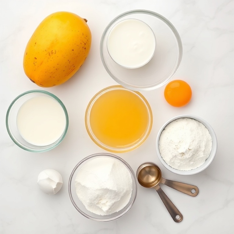 Fresh mango, coconut milk, flour, sugar, and eggs arranged in an overhead flat lay. Measuring spoons and bowls visible. Bright even natural light. White marble surface.