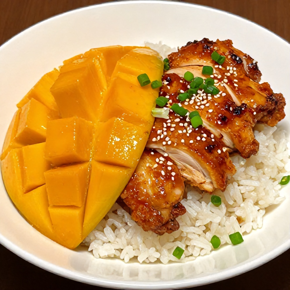 Plated mango glazed chicken with garnish