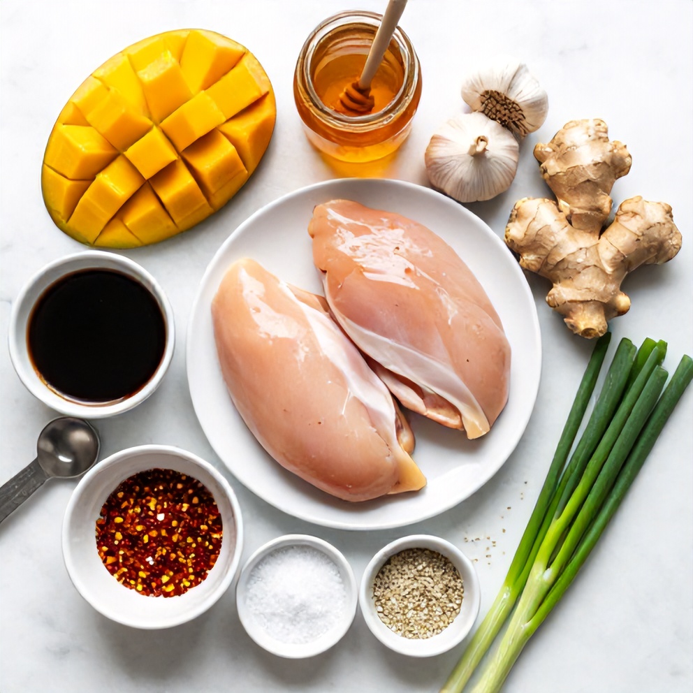 Raw ingredients for mango glazed chicken