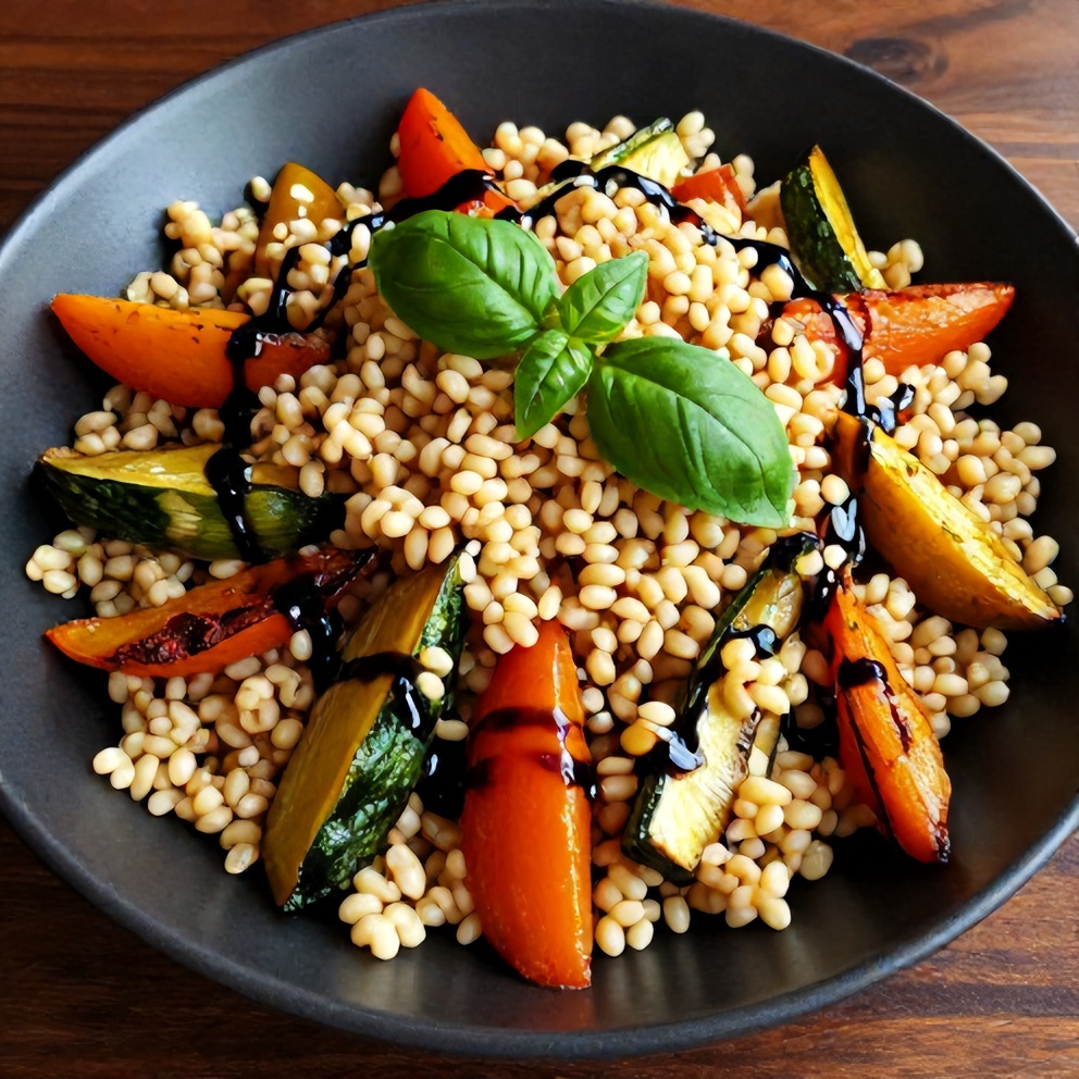 Plated serving of farro salad with roasted summer vegetables