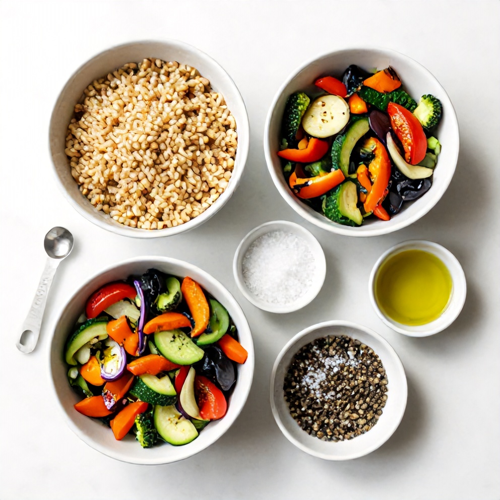 Raw ingredients for farro salad with roasted vegetables