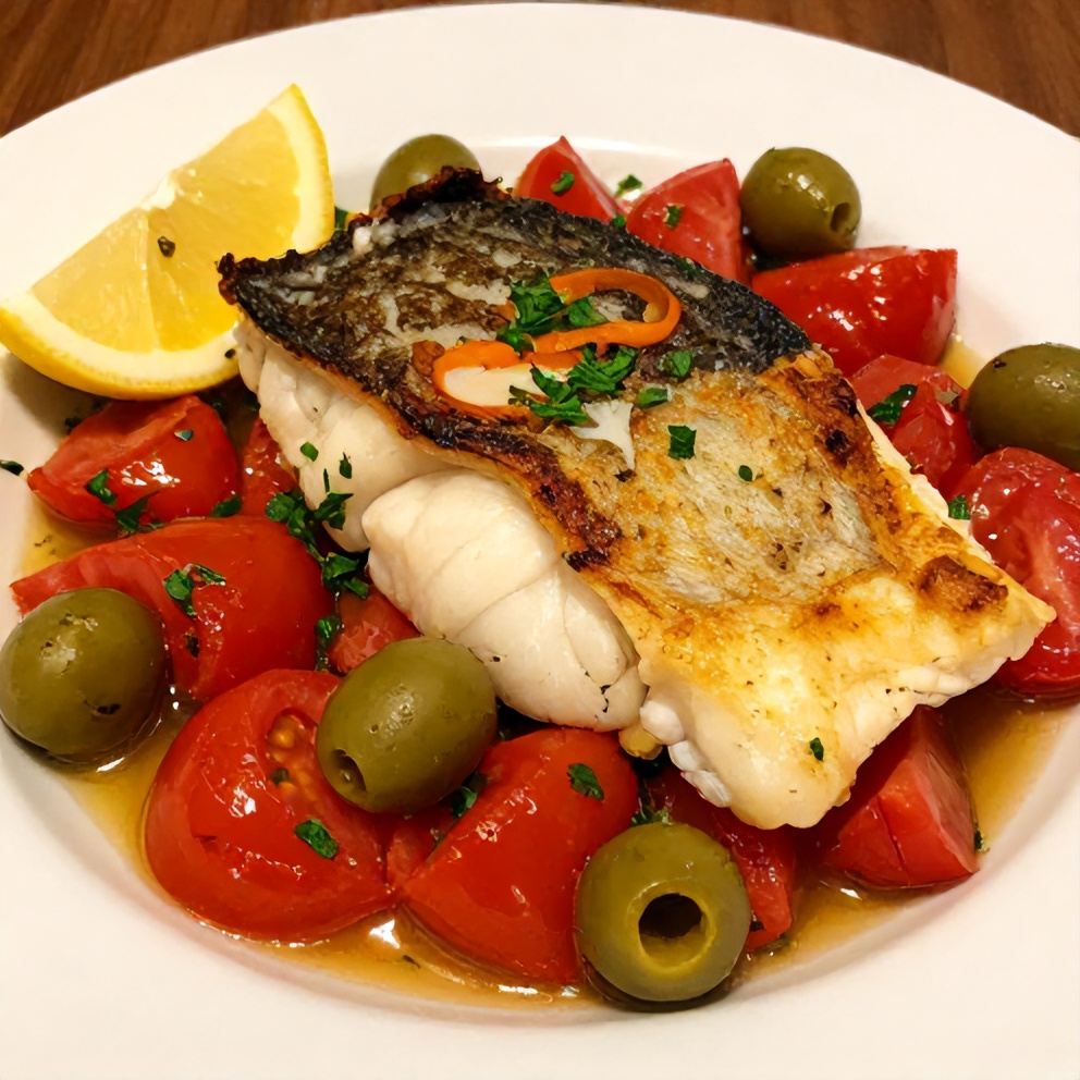 Plated Mediterranean Baked Cod with Tomatoes and Olives