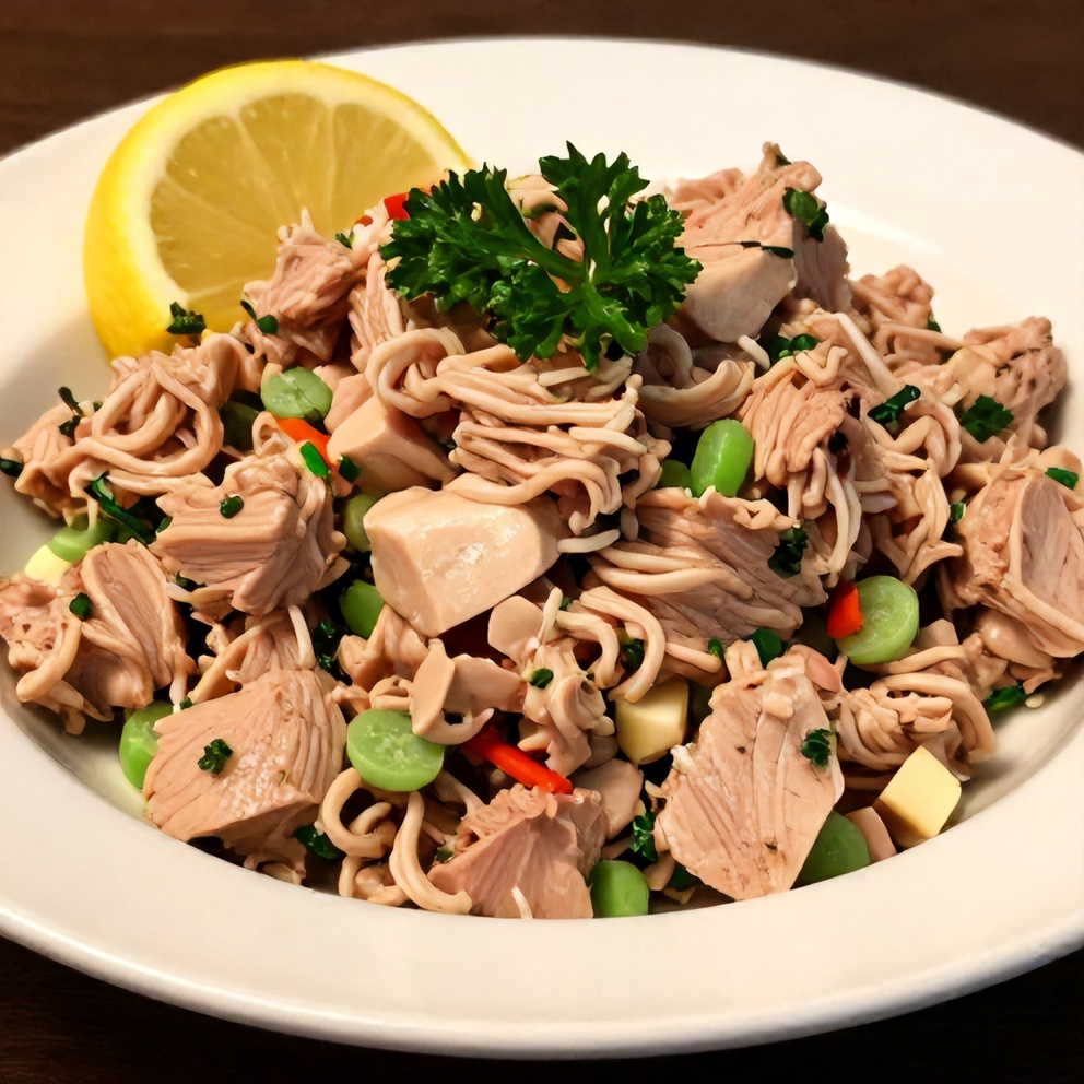 Plated Mediterranean Tuna Salad with lemon wedge and parsley garnish