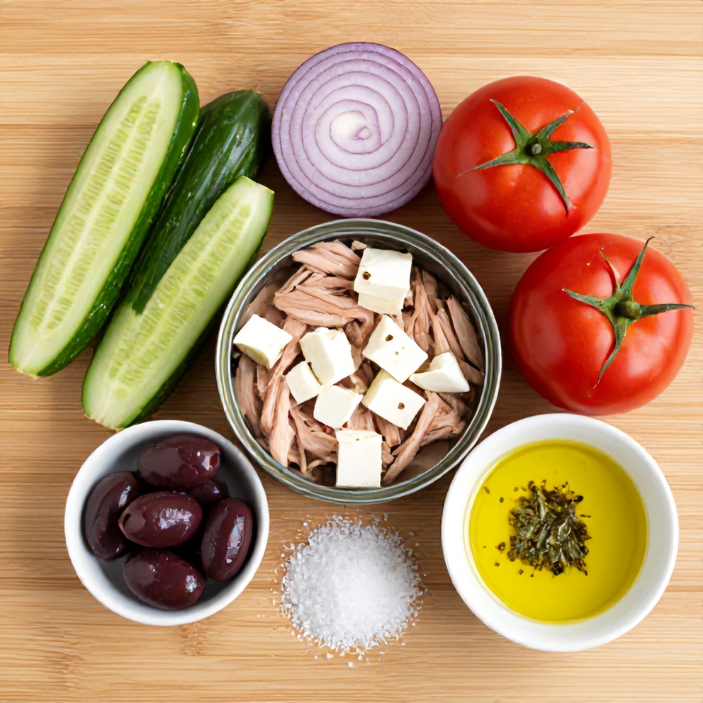 Mediterranean Tuna Salad ingredients laid out on a wooden surface