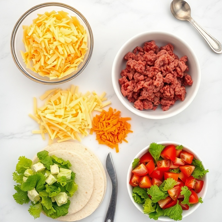 Overhead flat lay of ground beef, cheese, tortilla, lettuce, tomatoes, and jalapeños
