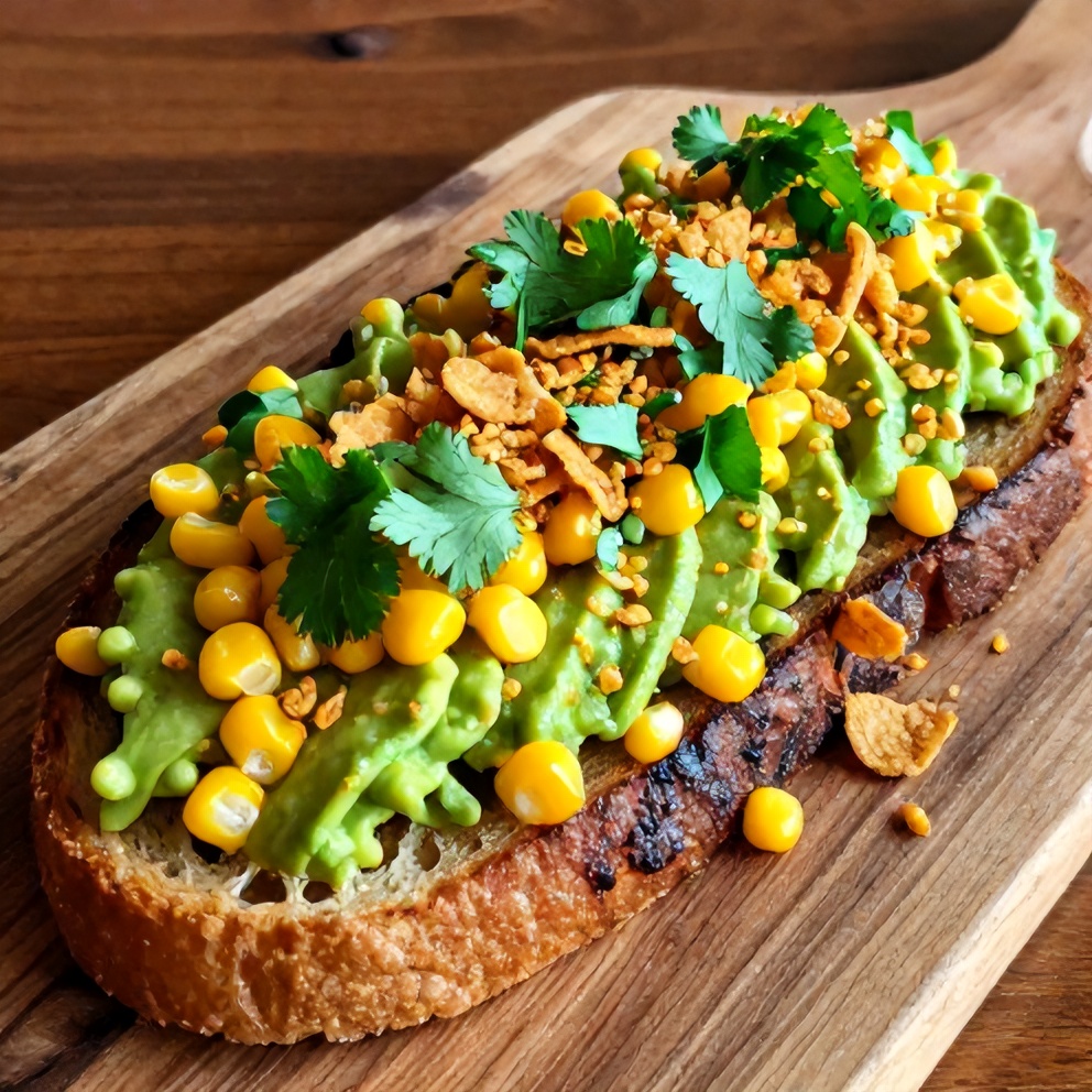 Mexican Street Corn Avocado Toast plated on a rustic wooden board