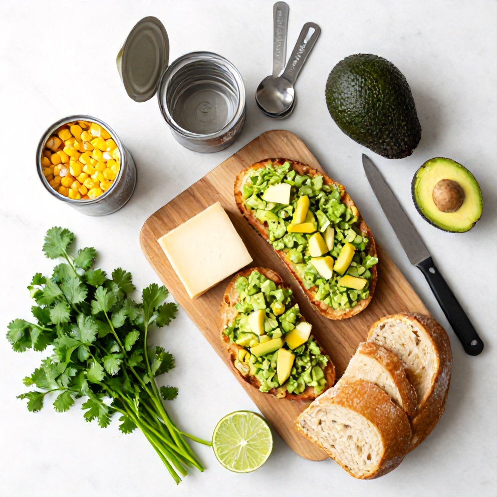 Raw ingredients for Mexican Street Corn Avocado Toast on a white marble surface