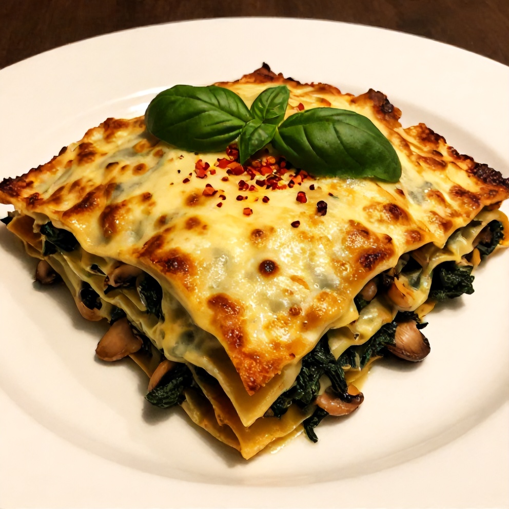 Plated Mushroom Spinach Lasagna