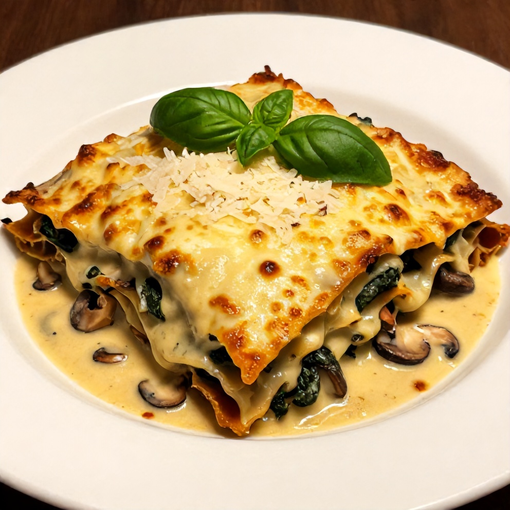 Perfectly plated Mushroom Spinach Lasagna with fresh basil