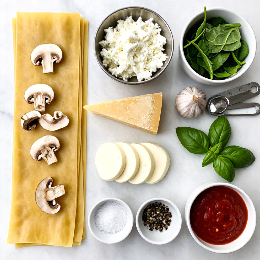 Raw Ingredients for Mushroom Spinach Lasagna