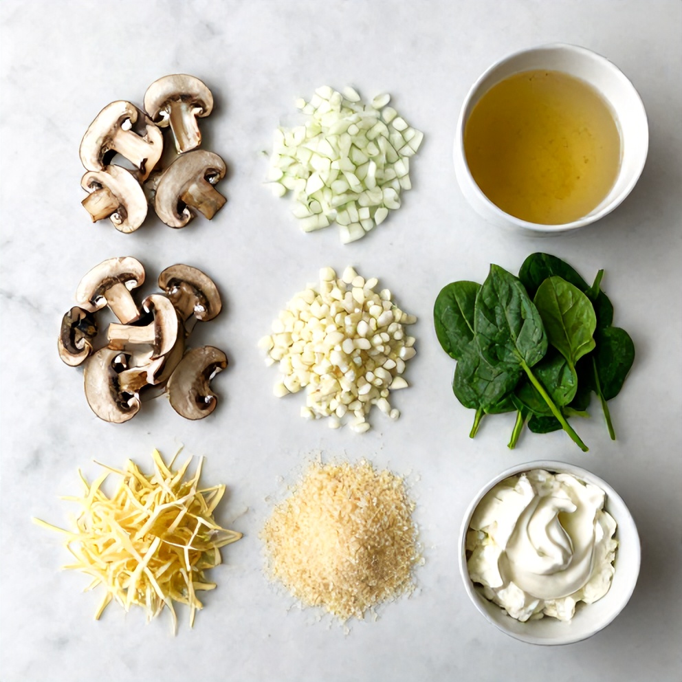 Raw ingredients for Mushroom Spinach Lasagna laid out on a wooden surface