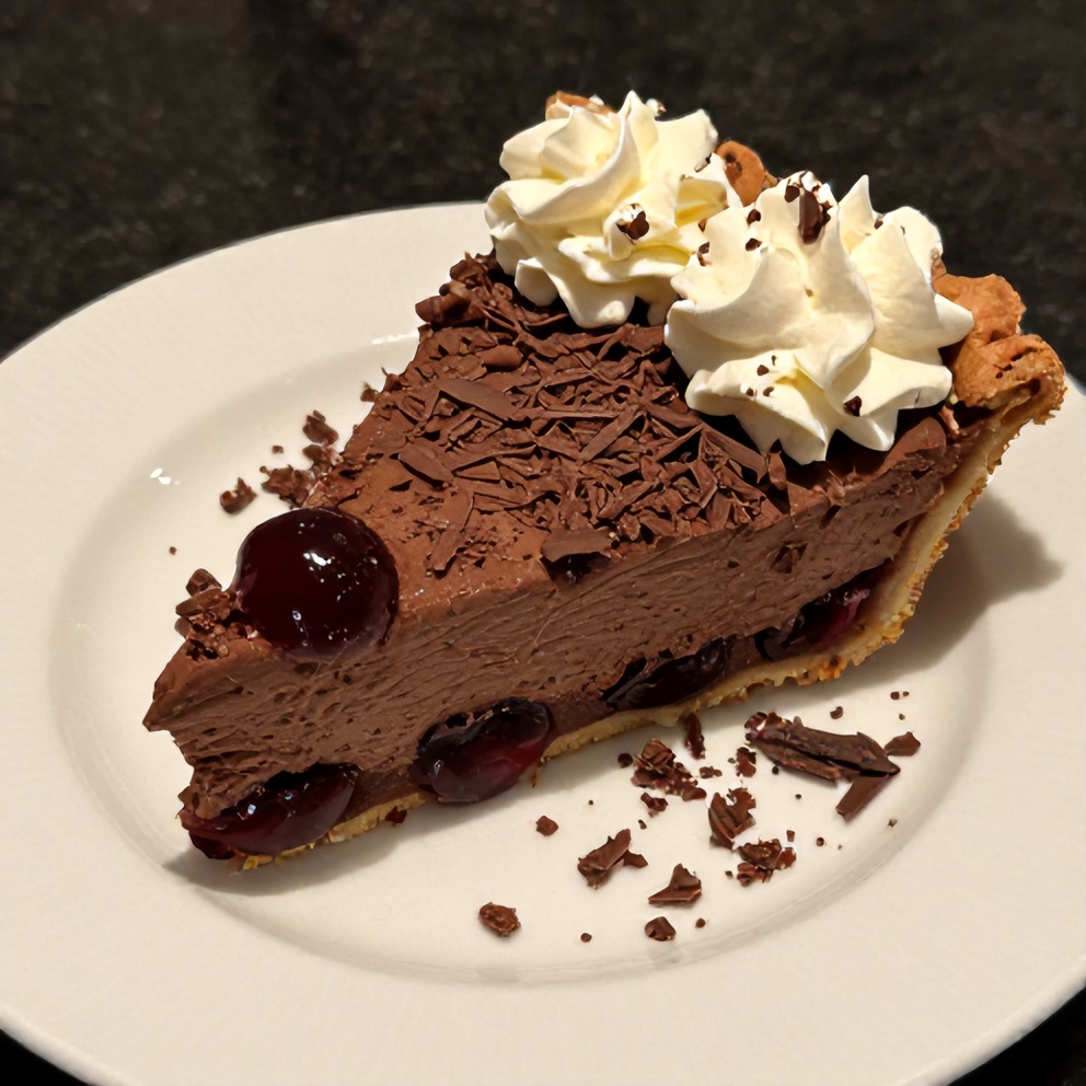 Sliced Easy No-Bake Chocolate Cherry Cream Pie on a dessert plate