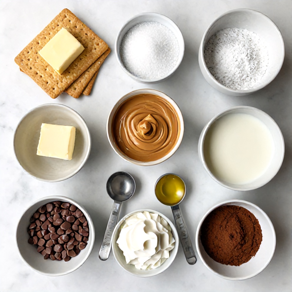 Raw ingredients for No-Bake Chocolate Peanut Butter Pie on a white marble surface