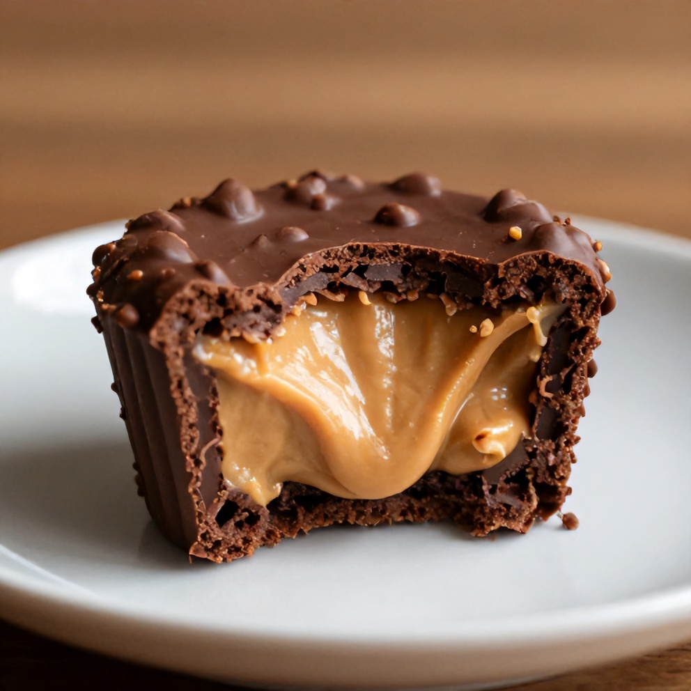 One perfect plated serving of No-Bake Chocolate Peanut Butter Protein Cup on a small plate, close crop, warm side lighting showing crispy chocolate shell and creamy peanut butter filling, no text or watermark