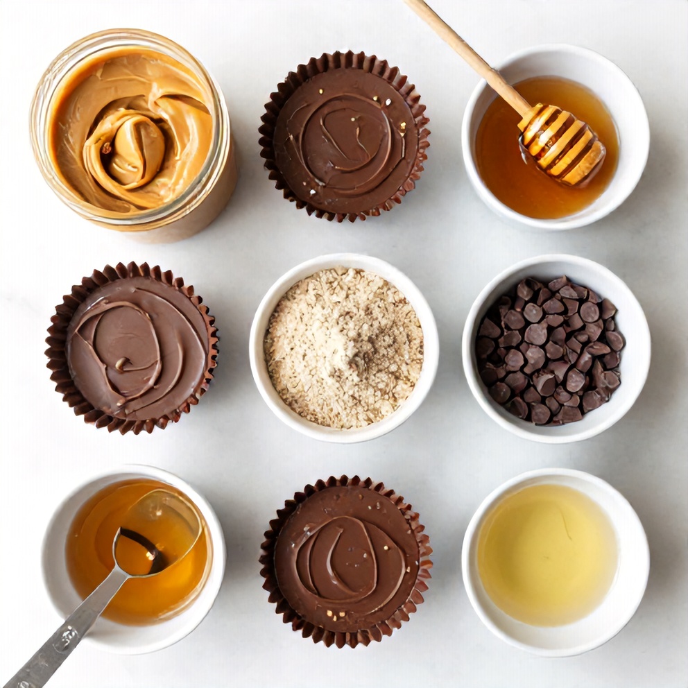 Raw ingredients for No-Bake Chocolate Peanut Butter Protein Cups arranged as an overhead flat lay, including peanut butter, honey, chocolate chips, protein powder, and vanilla extract, small prep bowls and measuring spoons visible, white marble surface, bright even natural light