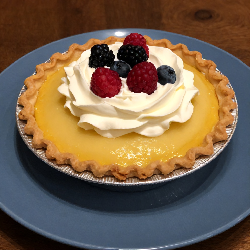 Sliced lemon pie on a blue plate with a fork