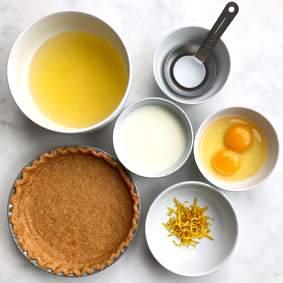 Graham cracker crust, lemon filling ingredients on a white marble counter