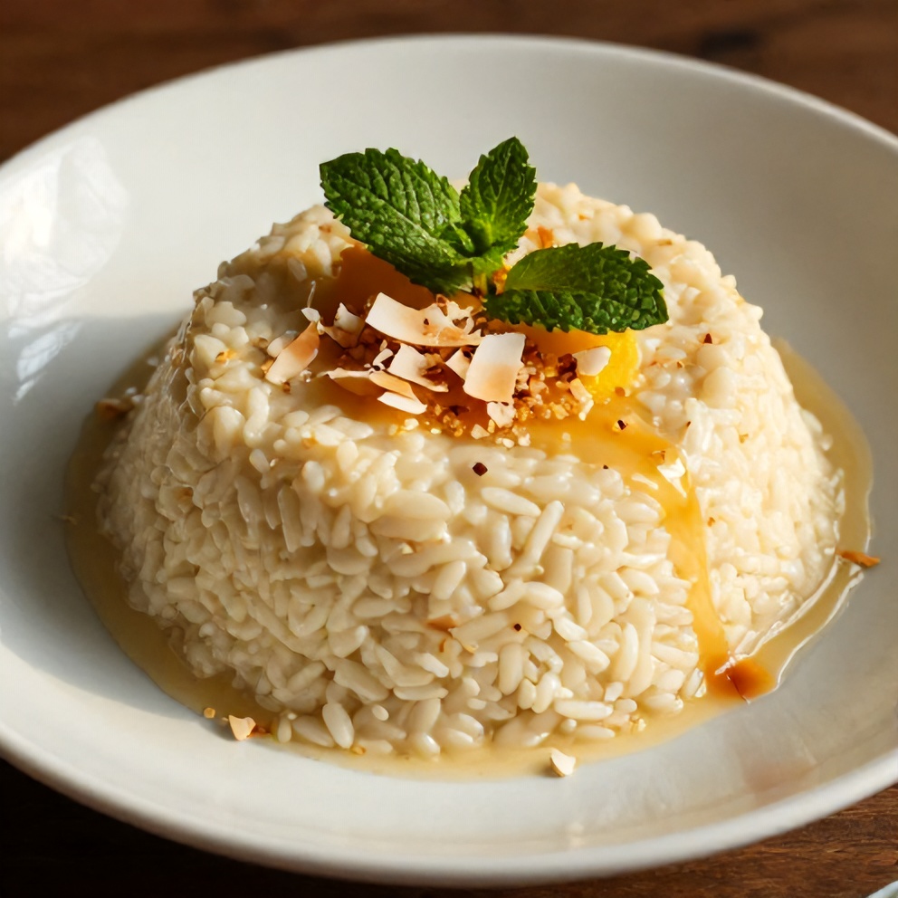 Plated No-Bake Mango Coconut Rice Pudding with Mint Leaves