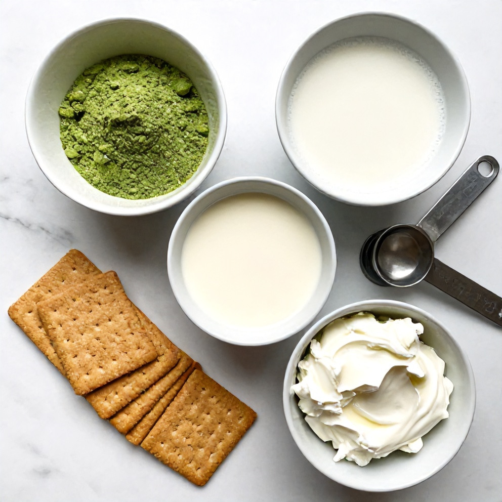 Matcha powder, coconut milk, graham crackers, sugar, and other ingredients for the tart