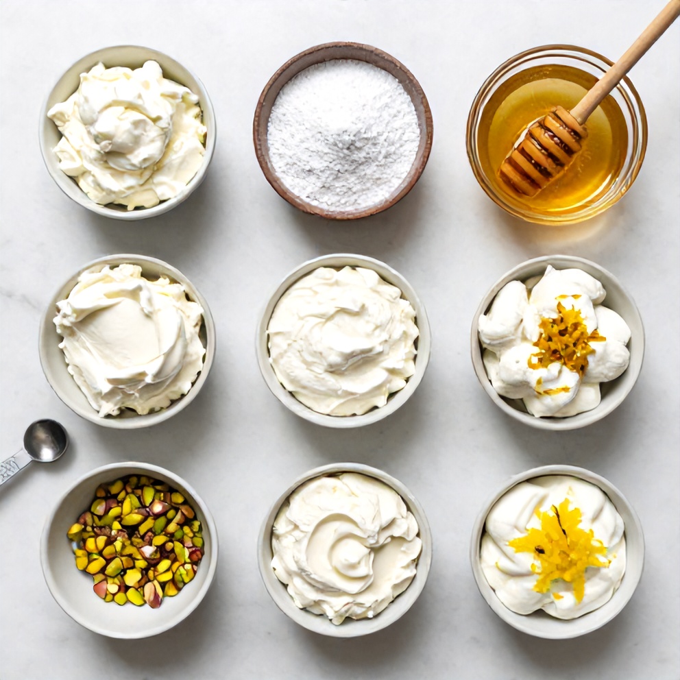 Raw ingredients for no-bake ricotta cups: ricotta, honey, pistachios, powdered sugar, and lemon zest
