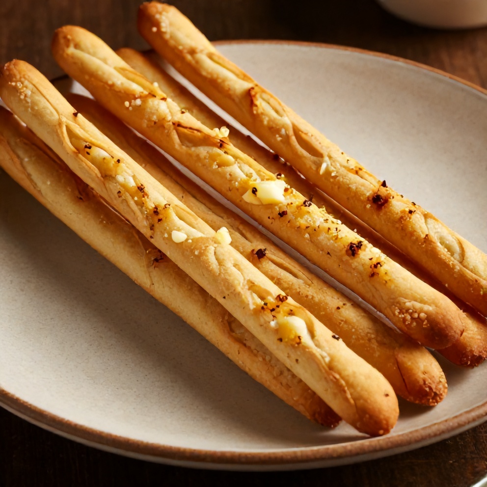 Plated serving of Olive Garden style breadsticks with garlic butter