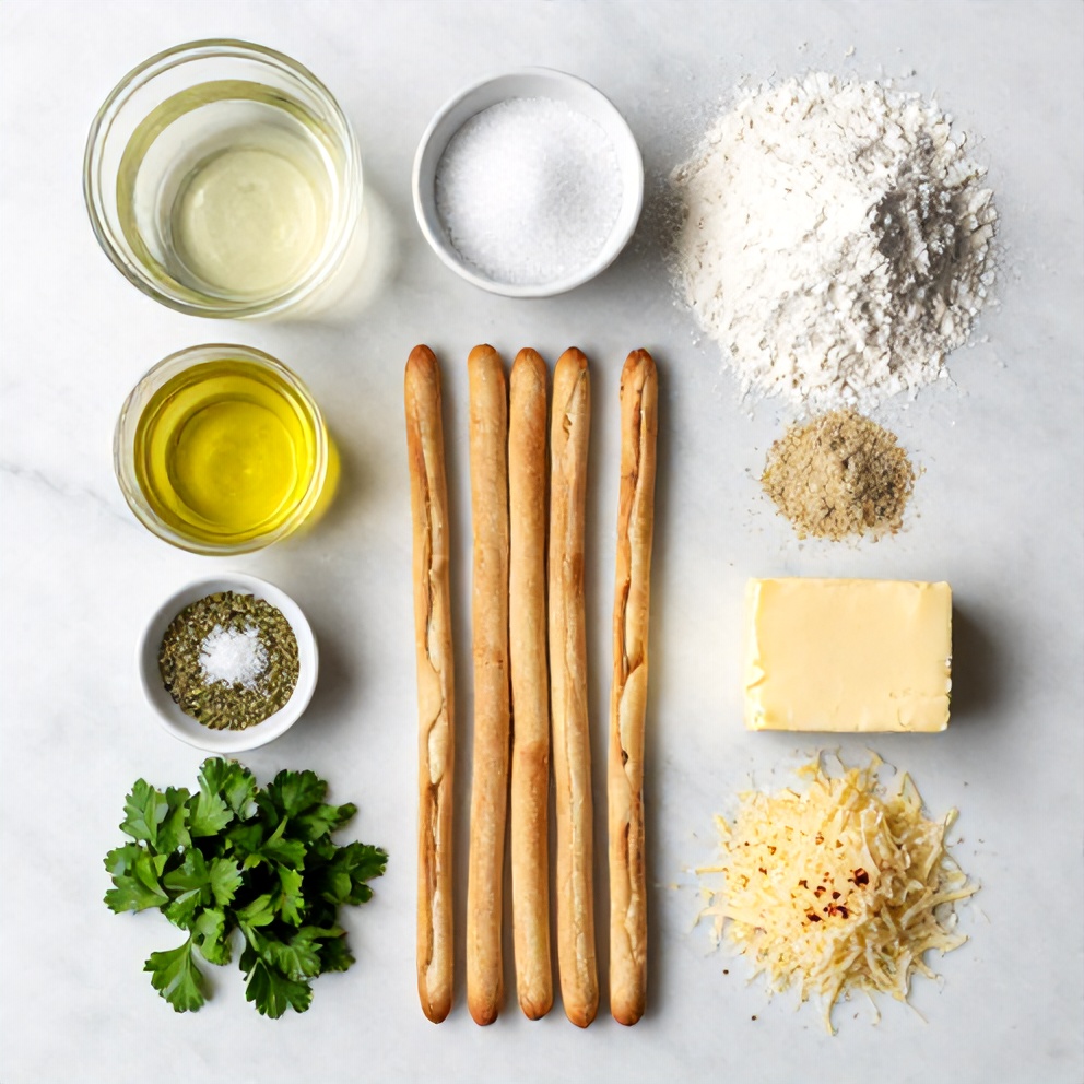 Raw ingredients for Olive Garden breadsticks on a marble surface