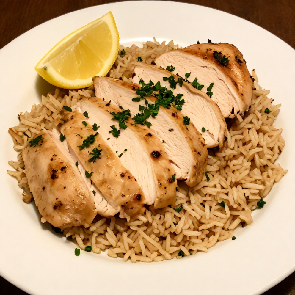 Plated Lemon Chicken and Rice Dinner