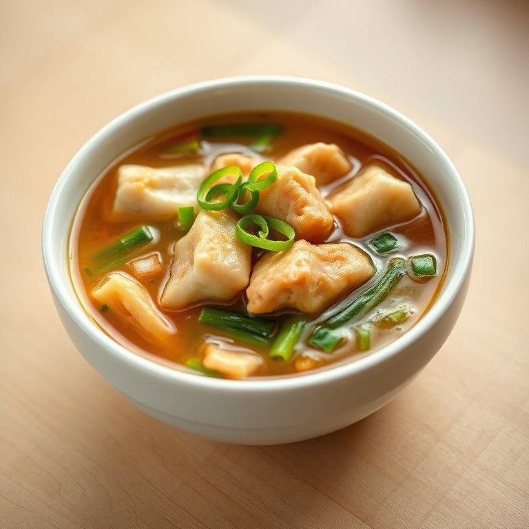 Served easy one-pot egg roll soup garnished with sliced green onions in a white bowl