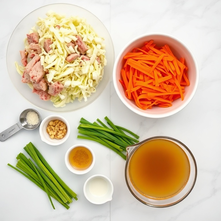 Raw ingredients for easy one-pot egg roll soup including ground pork, shredded cabbage, carrots, green onions, and broth
