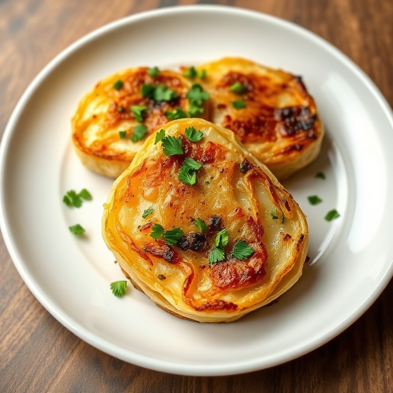 One plated serving of crispy oven roasted garlic cabbage steaks garnished with fresh parsley on a white ceramic plate
