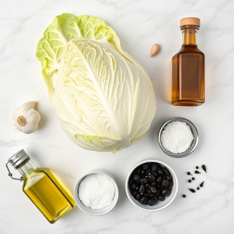 Overhead view of raw cabbage, garlic cloves, olive oil, salt, and pepper arranged with measuring spoons on a white marble surface