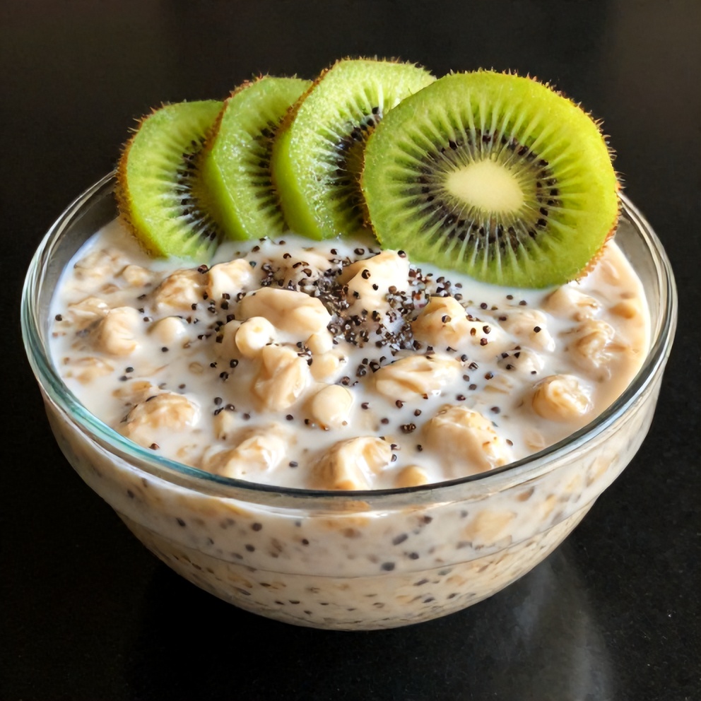Easy Overnight Oats with Kiwi and Chia Seeds ready to serve