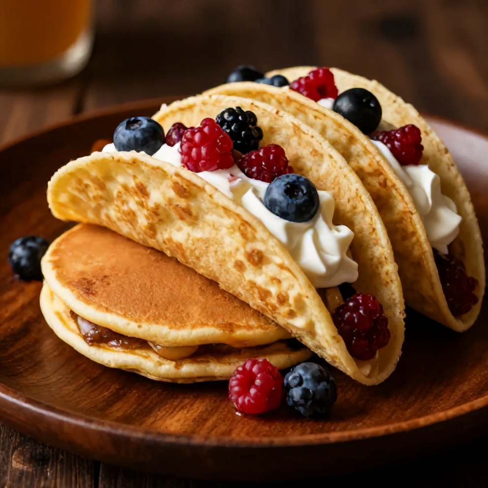 Plated Easy Pancake Tacos with whipped cream and fresh berries