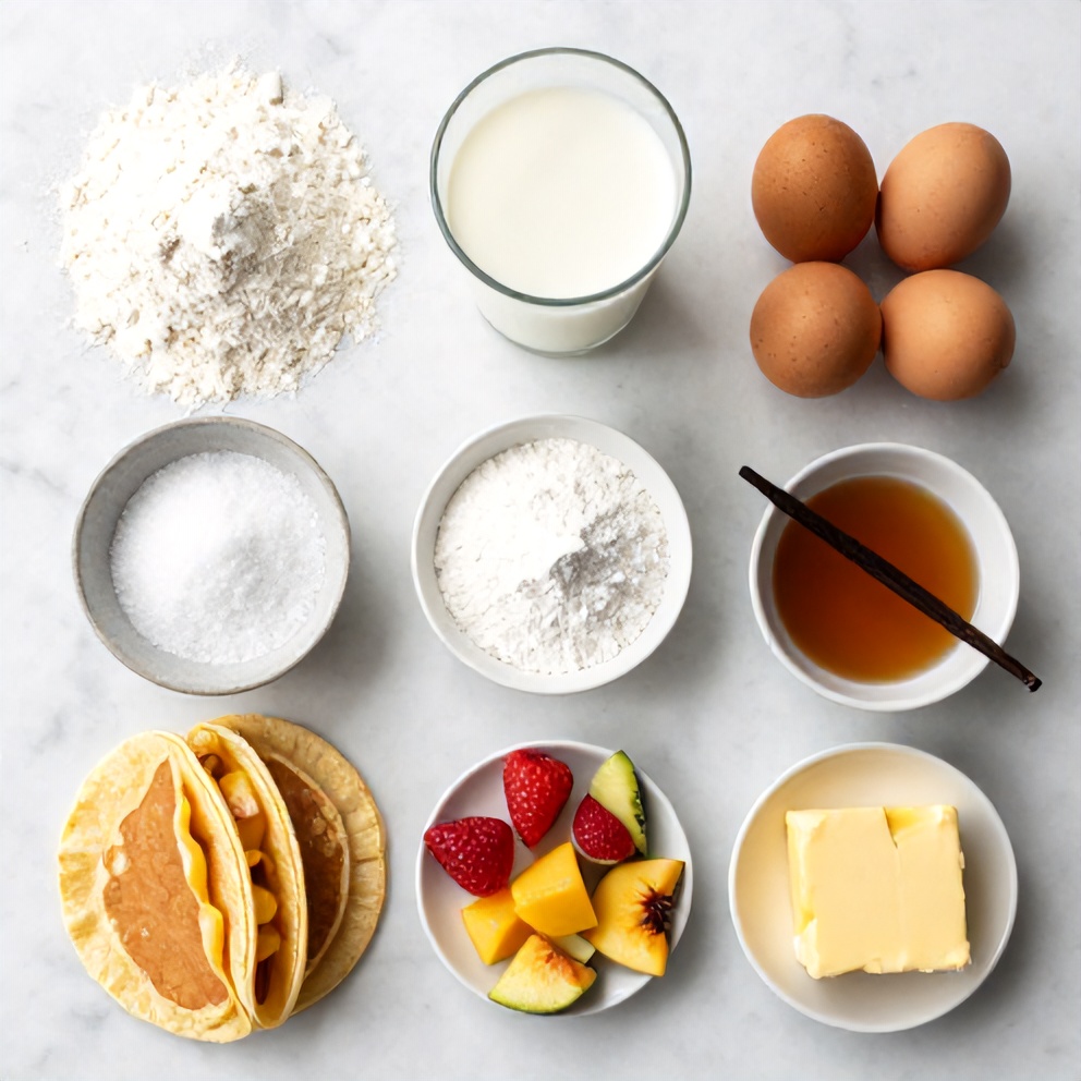 Raw ingredients for Easy Pancake Tacos including flour, milk, eggs, and fresh fruit