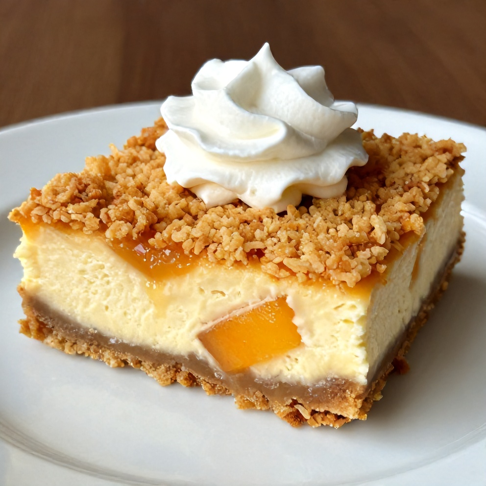 A single serving of Peach Cobbler Cheesecake Bars on a white plate