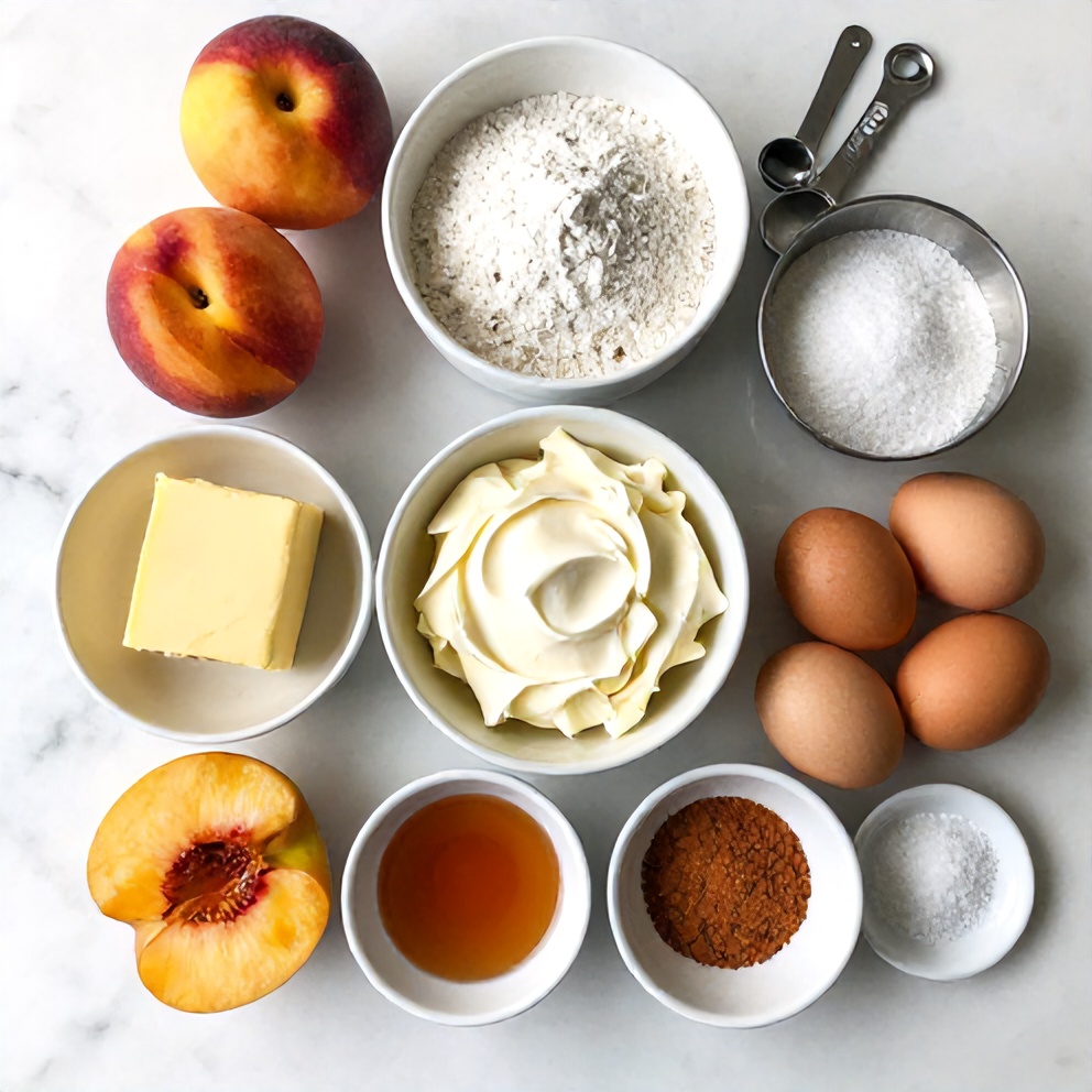 Raw ingredients for Peach Cobbler Cheesecake Bars arranged on a white marble surface