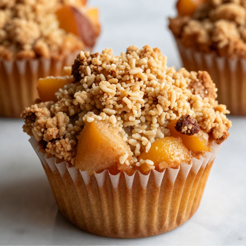 Perfectly plated peach cobbler muffin with streusel, golden crust, warm side lighting